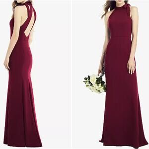 After Six Bow-Neck Open-Back Trumpet Gown in Cabernet